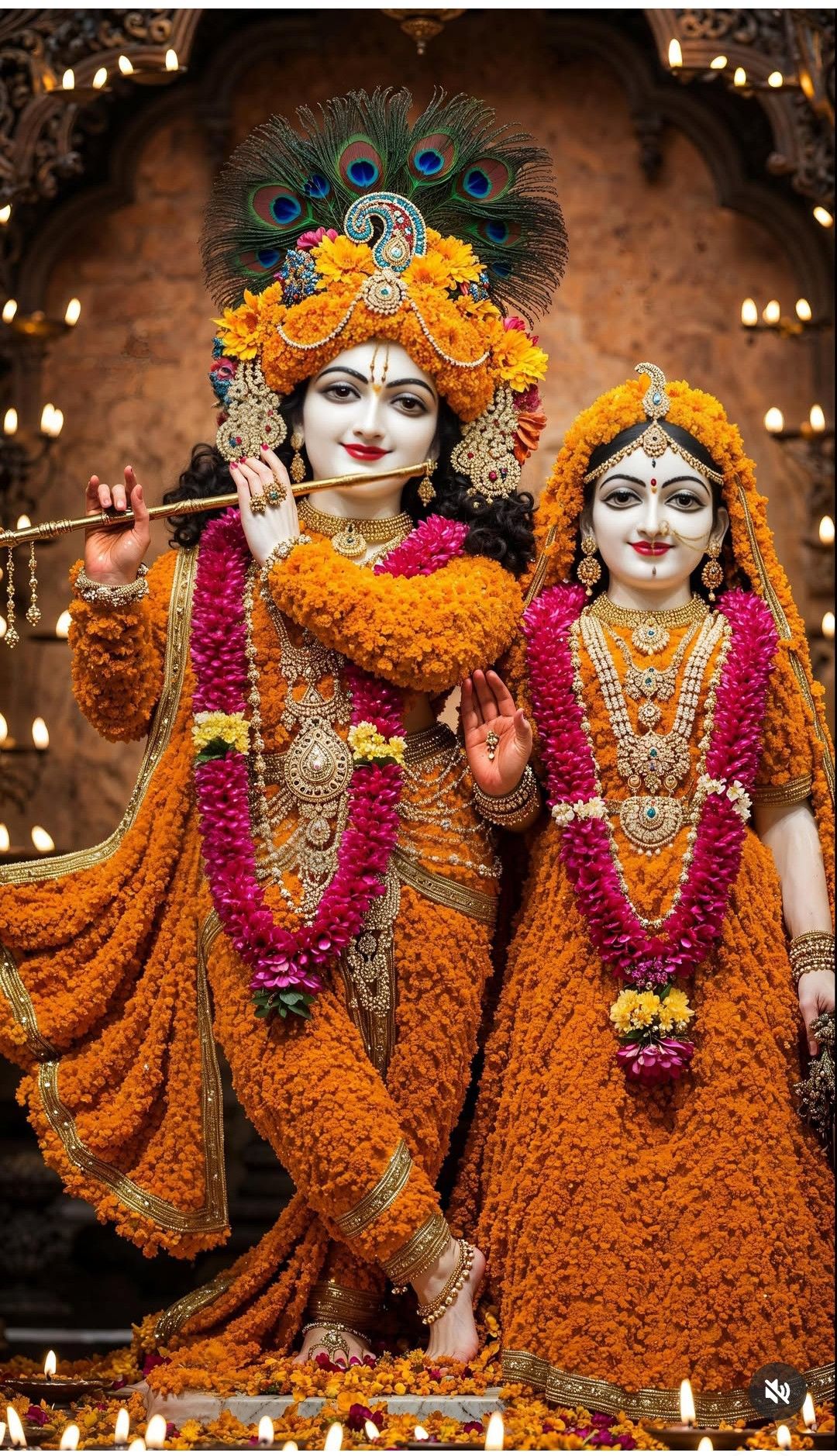 Krishna and Radha adorned with flowers.