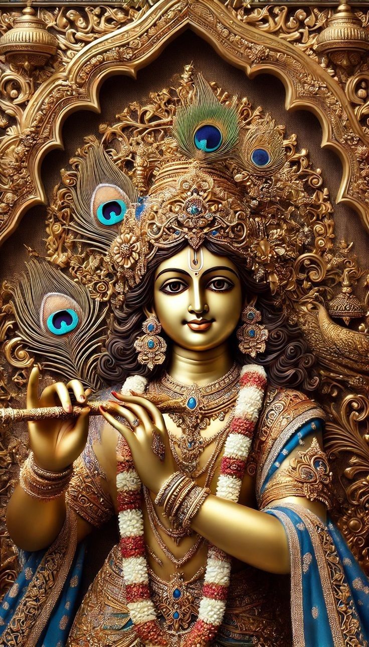 Krishna playing flute with peacock feather