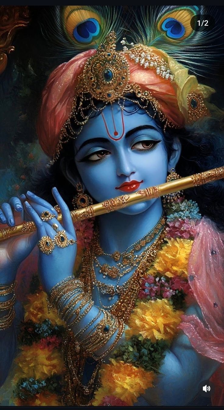 Blue-skinned Krishna playing a flute
