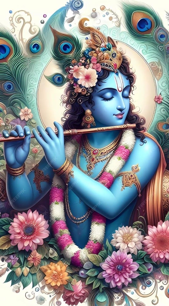 Krishna playing flute with peacock feathers