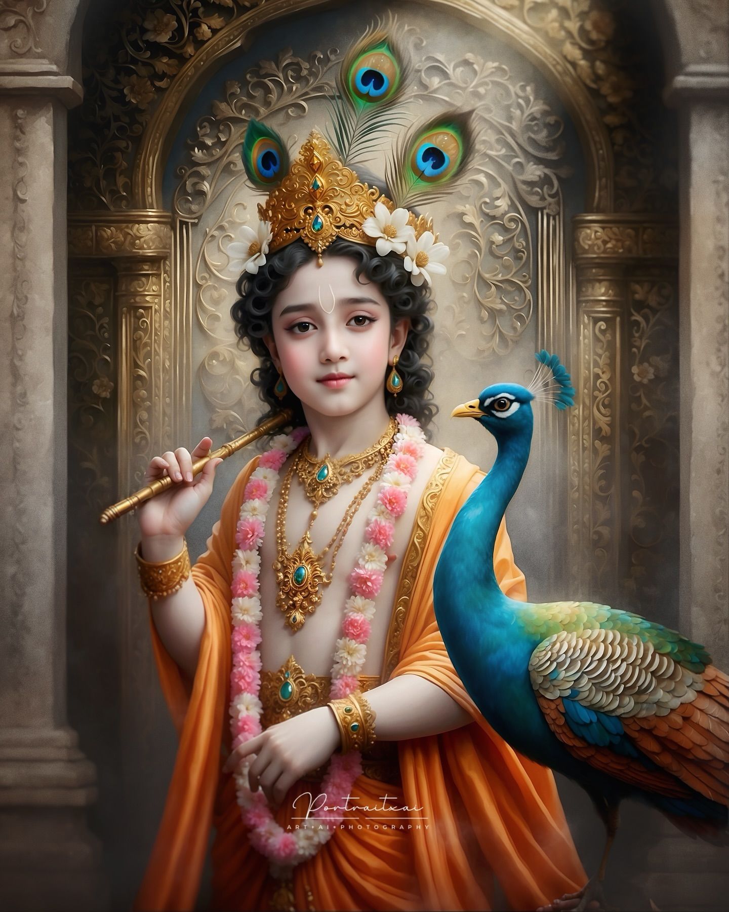 Young Krishna playing flute with peacock