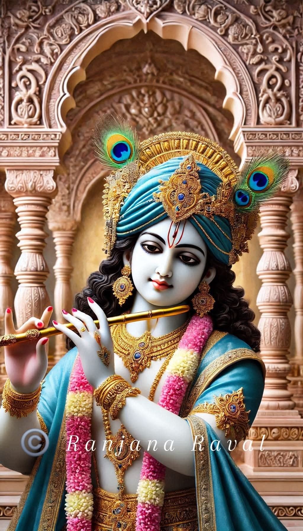 Lord Krishna playing flute with peacock feather