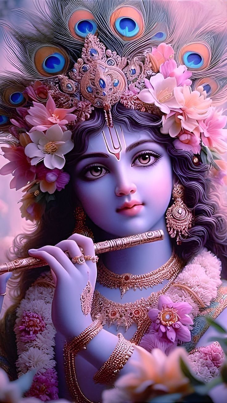 Krishna playing flute with peacock feather