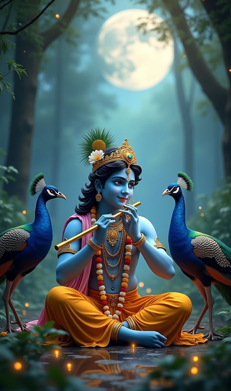 Krishna playing flute with peacocks