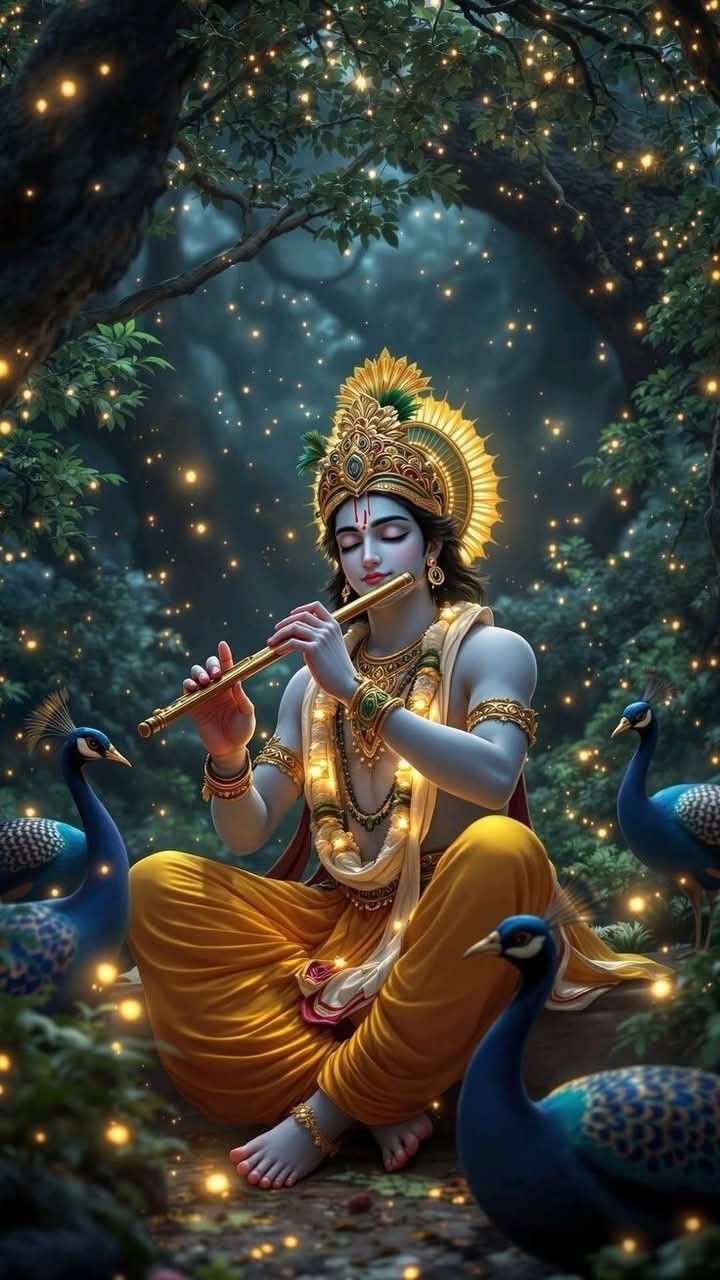 Krishna playing flute with peacocks