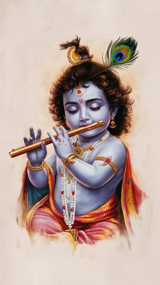 Young Krishna plays enchanting flute melody.