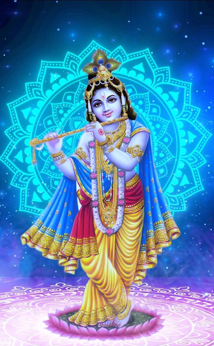 Krishna playing flute on lotus flower