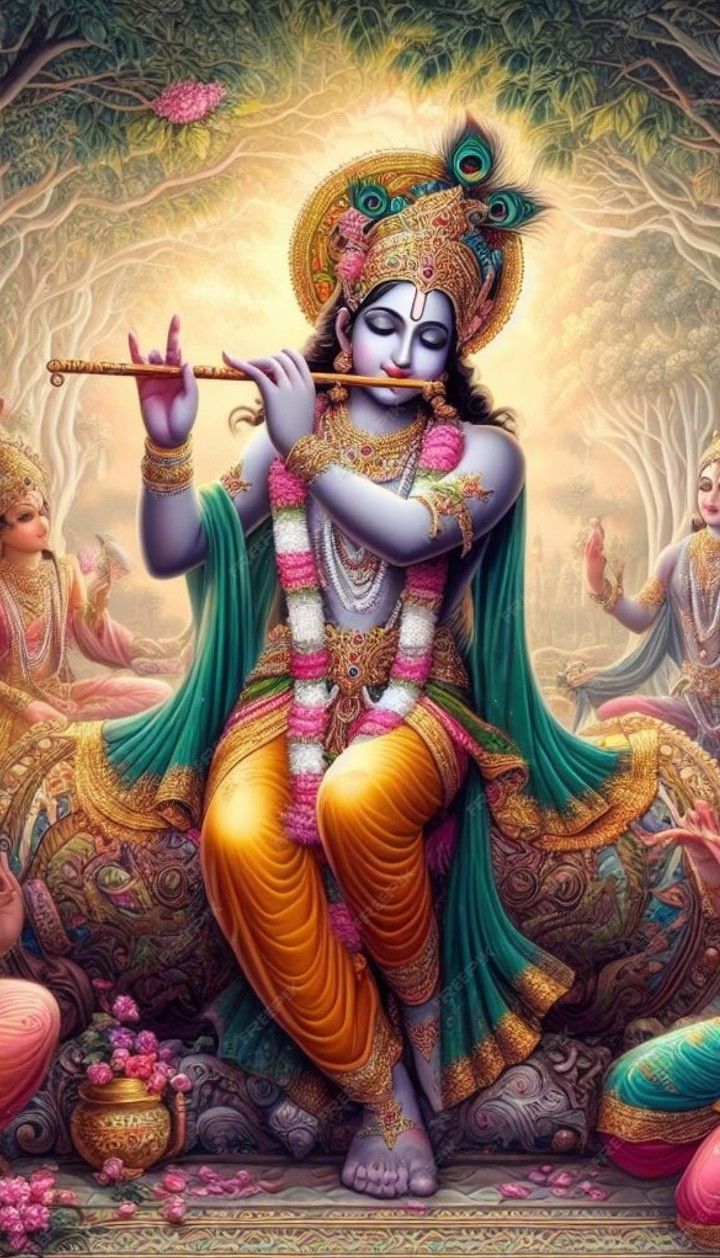 Krishna playing flute with Radha