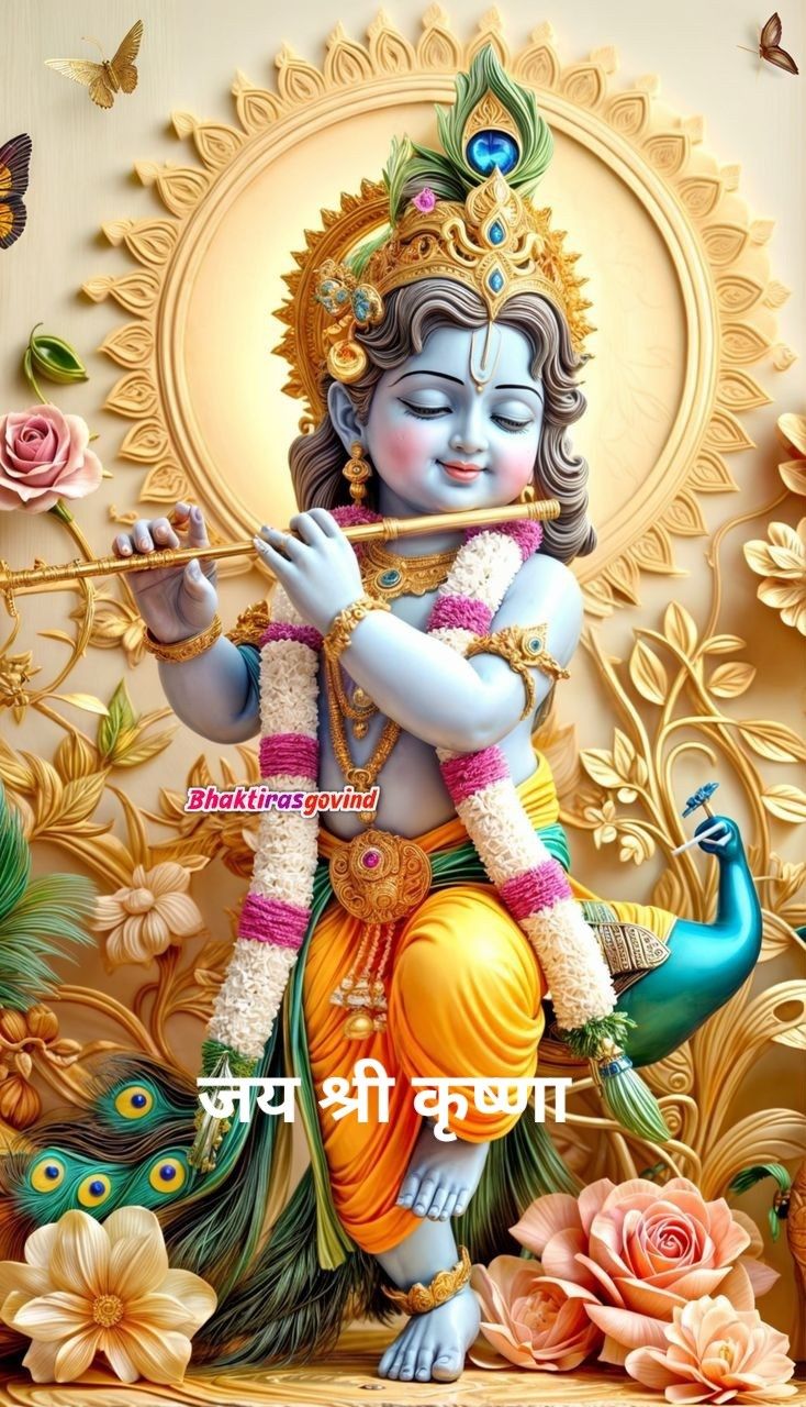 Lord Krishna playing a flute amidst flowers