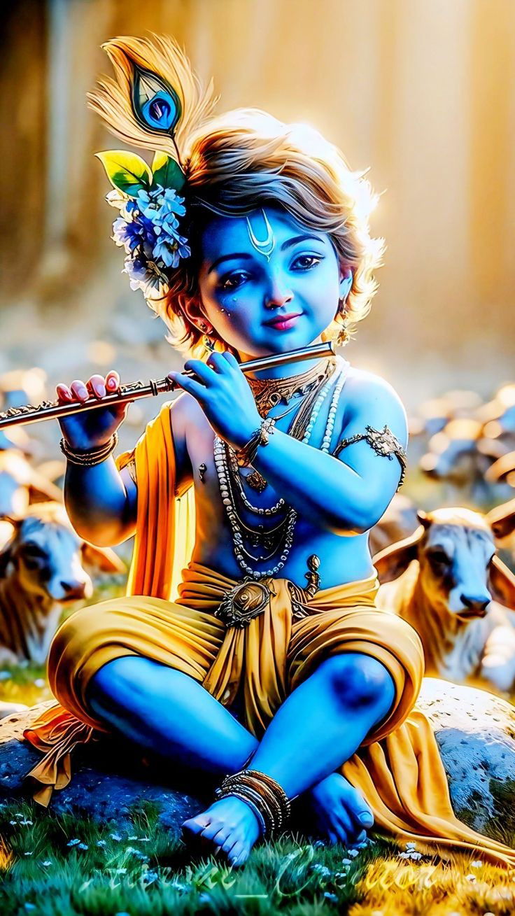 Baby Krishna playing a flute peacefully.
