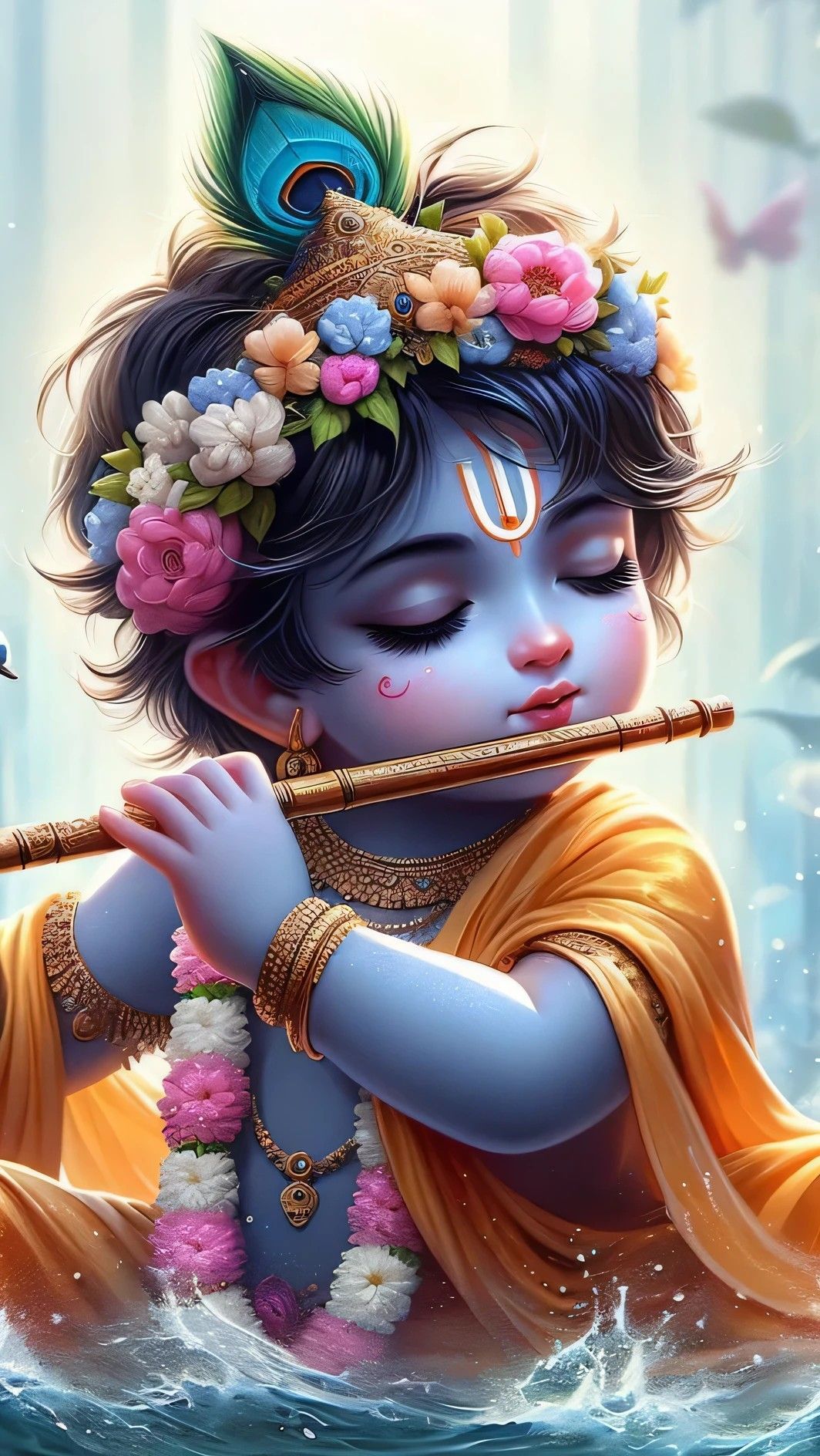 Baby Krishna playing the flute peacefully