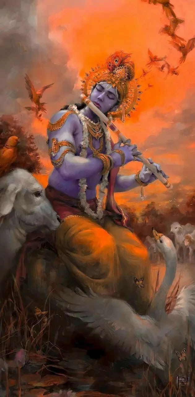 Krishna playing a flute with animals