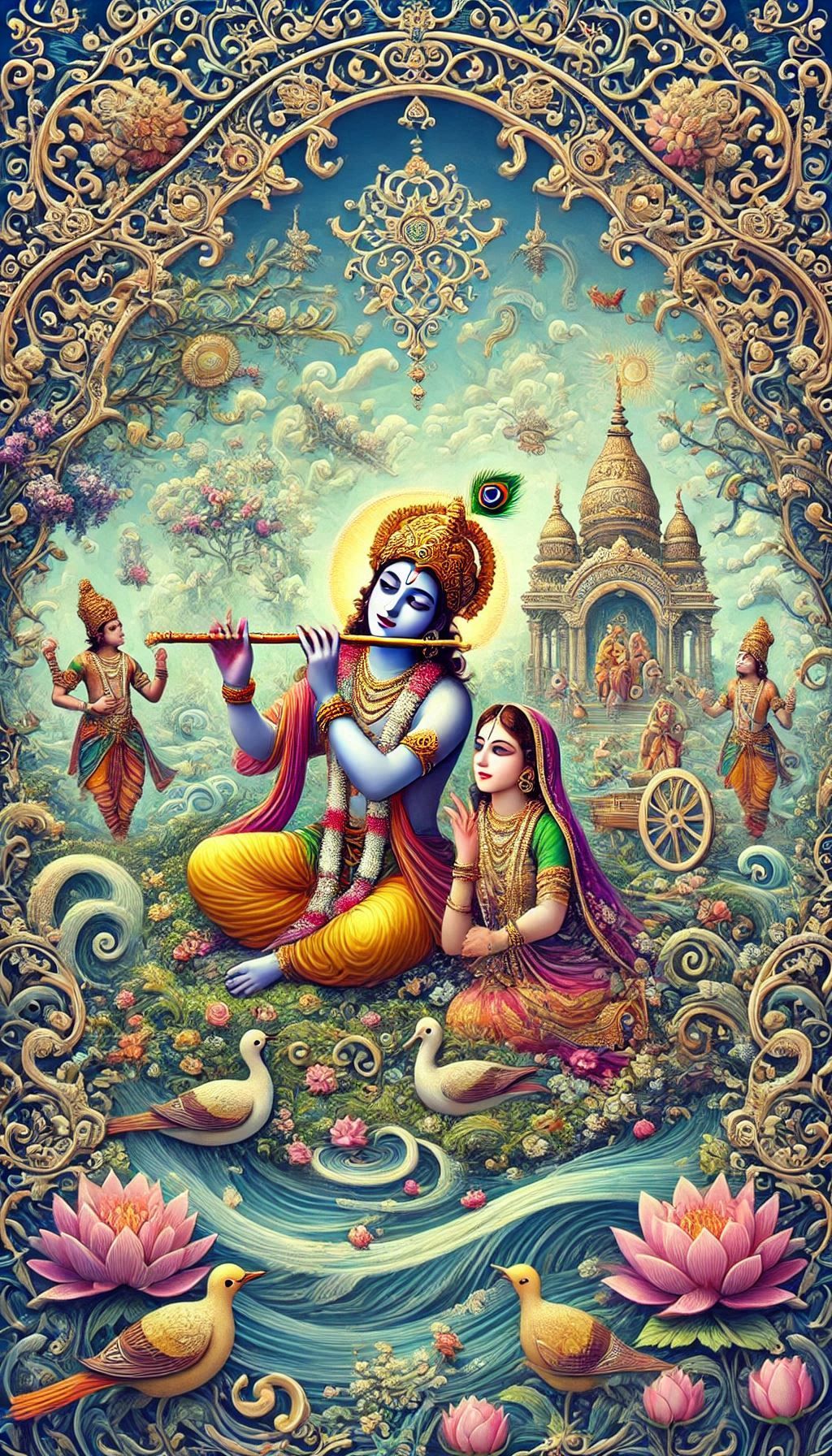 Krishna and Radha playing the flute