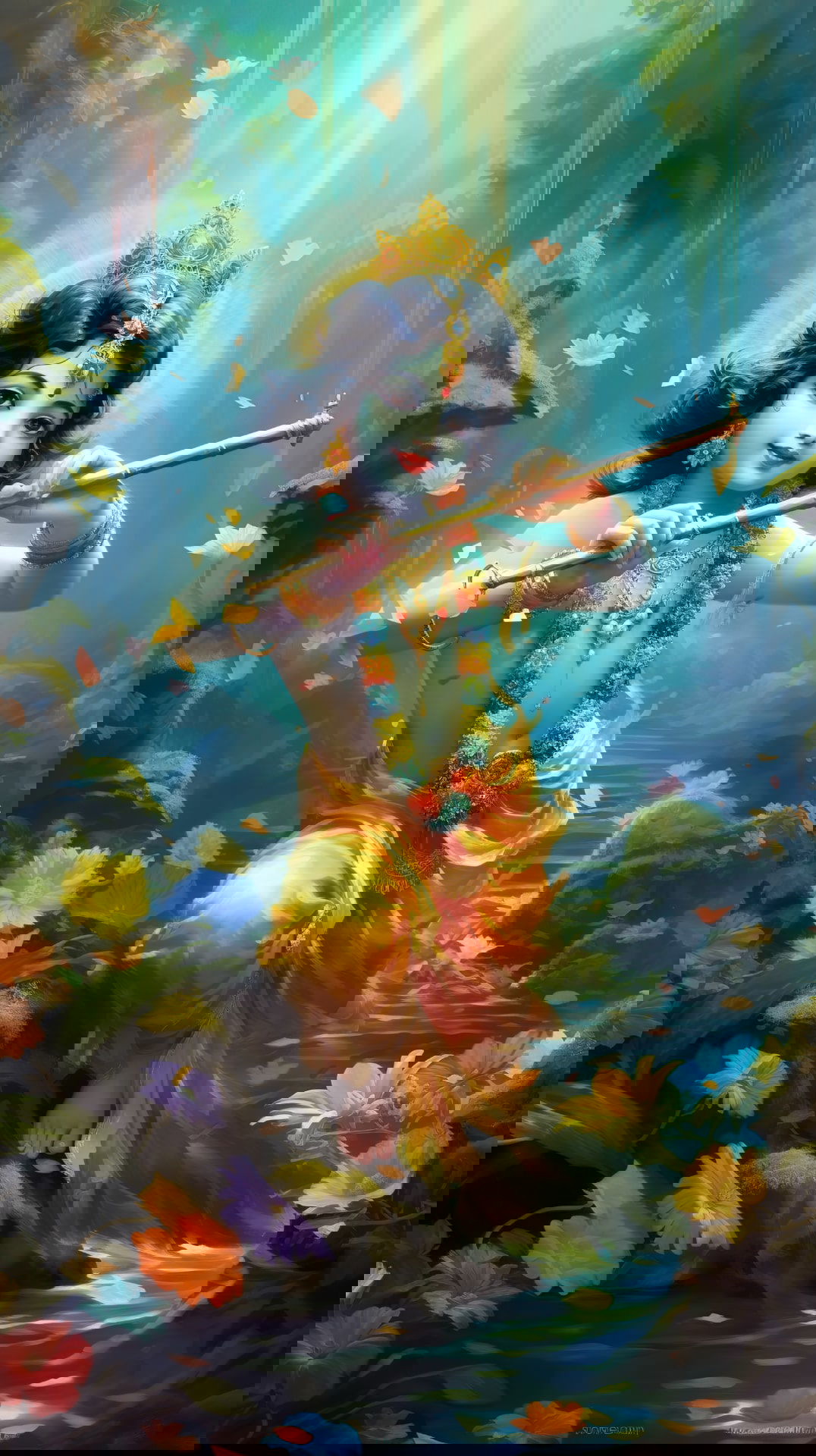 Young Krishna playing a flute in forest