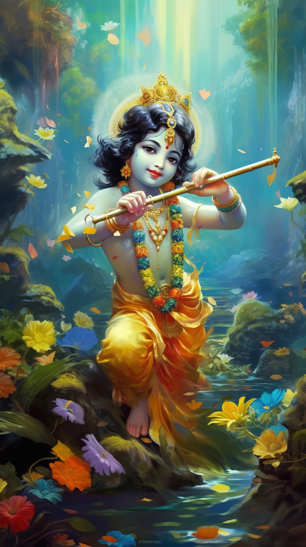 Krishna playing flute amidst flowers