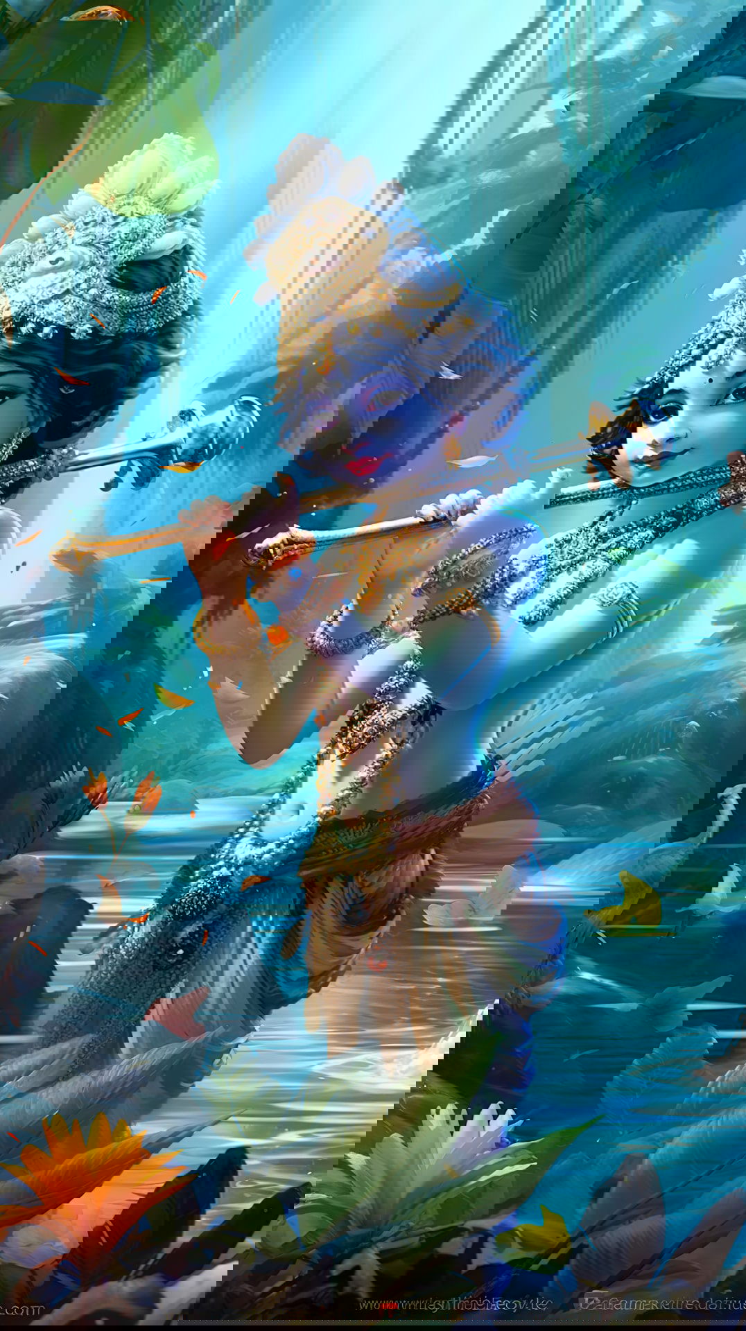 Krishna playing flute in lotus pond