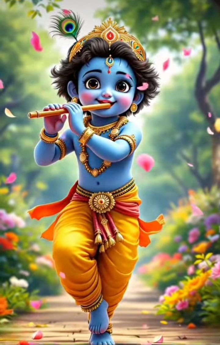 Baby Krishna playing flute in garden