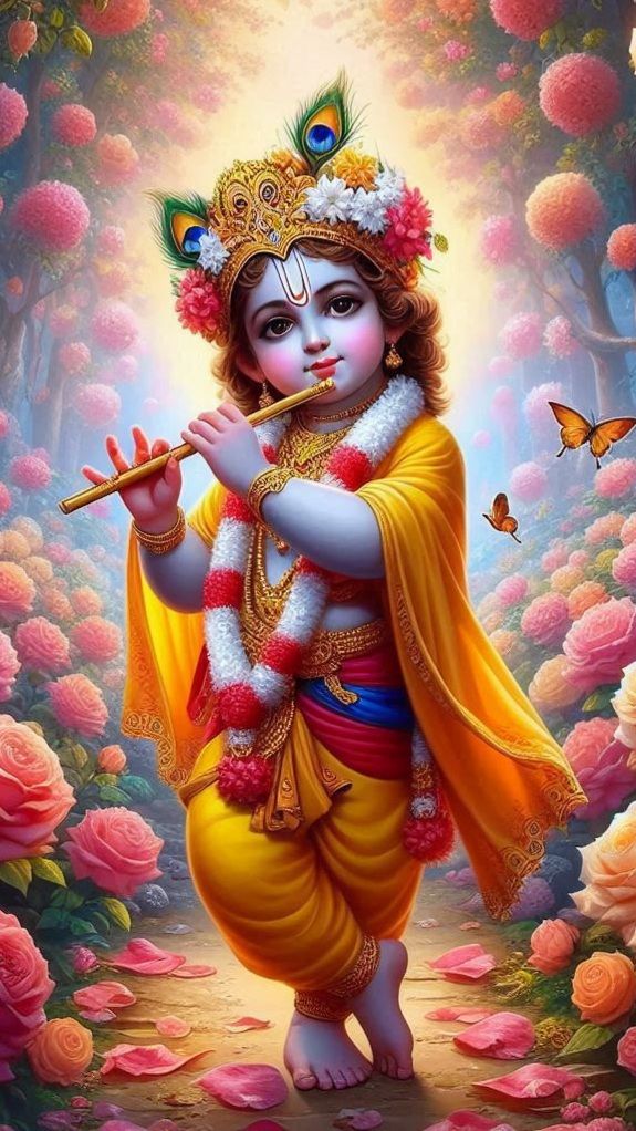 Little Krishna playing a flute amidst flowers