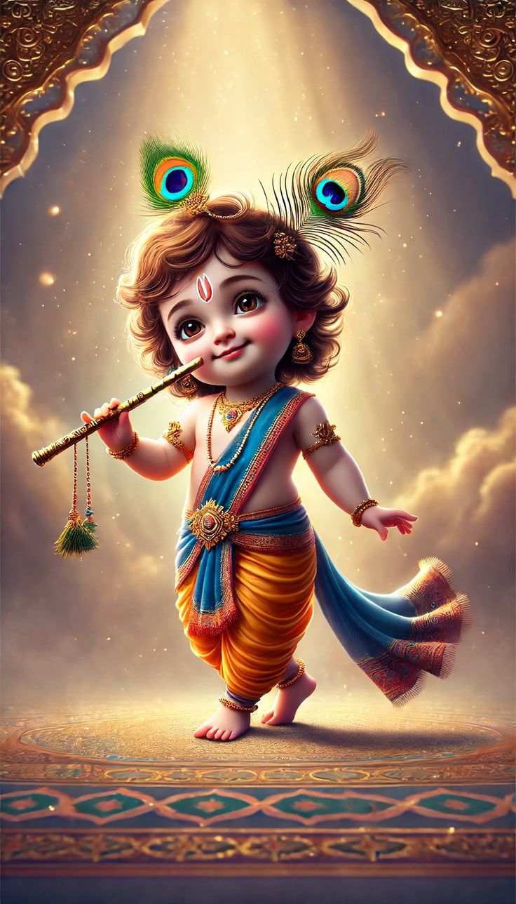 Baby Krishna playing a flute, divine art