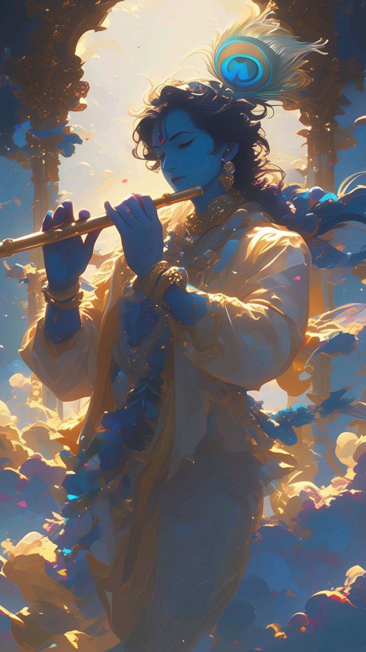 Krishna playing a flute, divine portrait