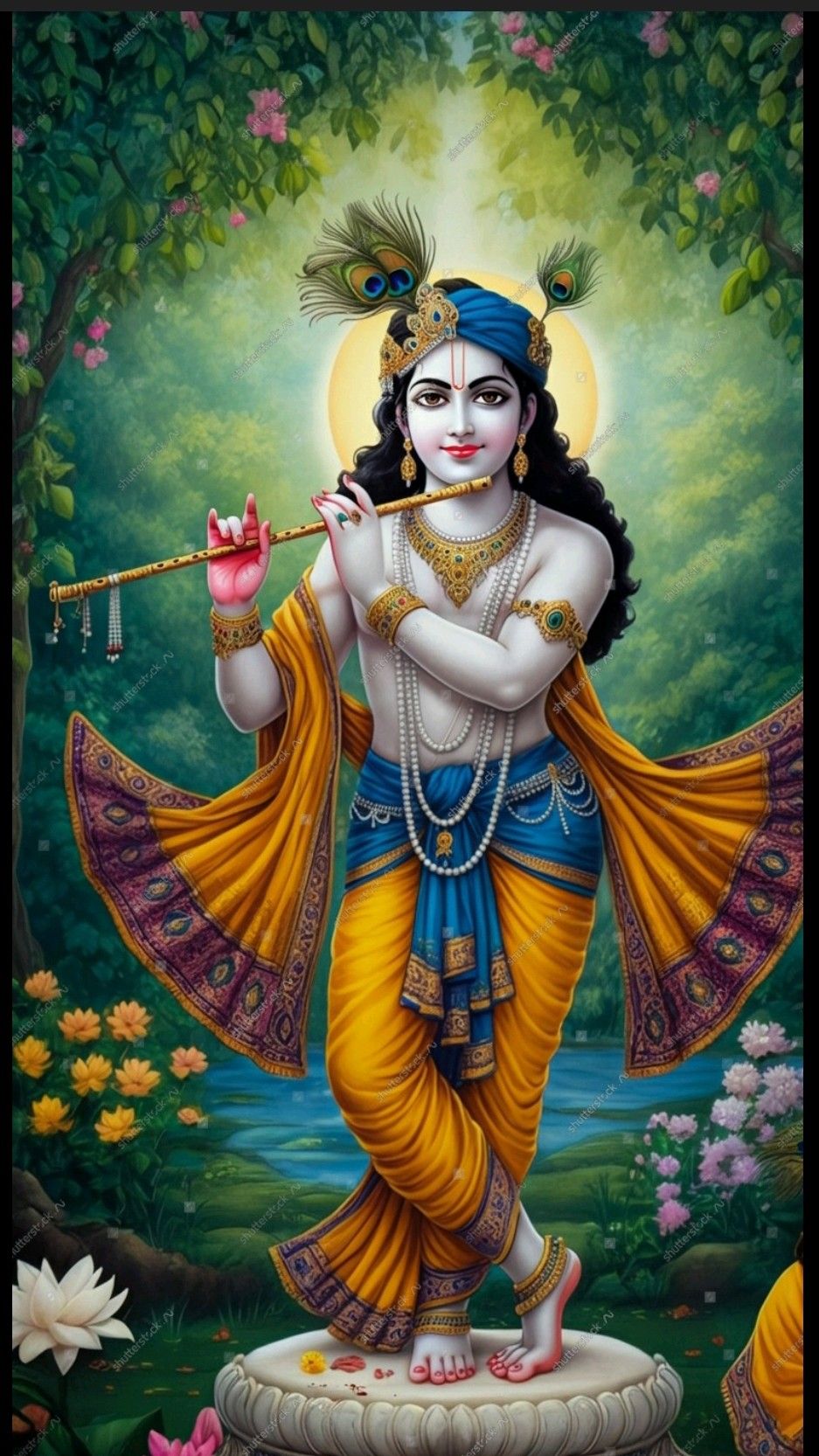 Krishna playing flute in forest