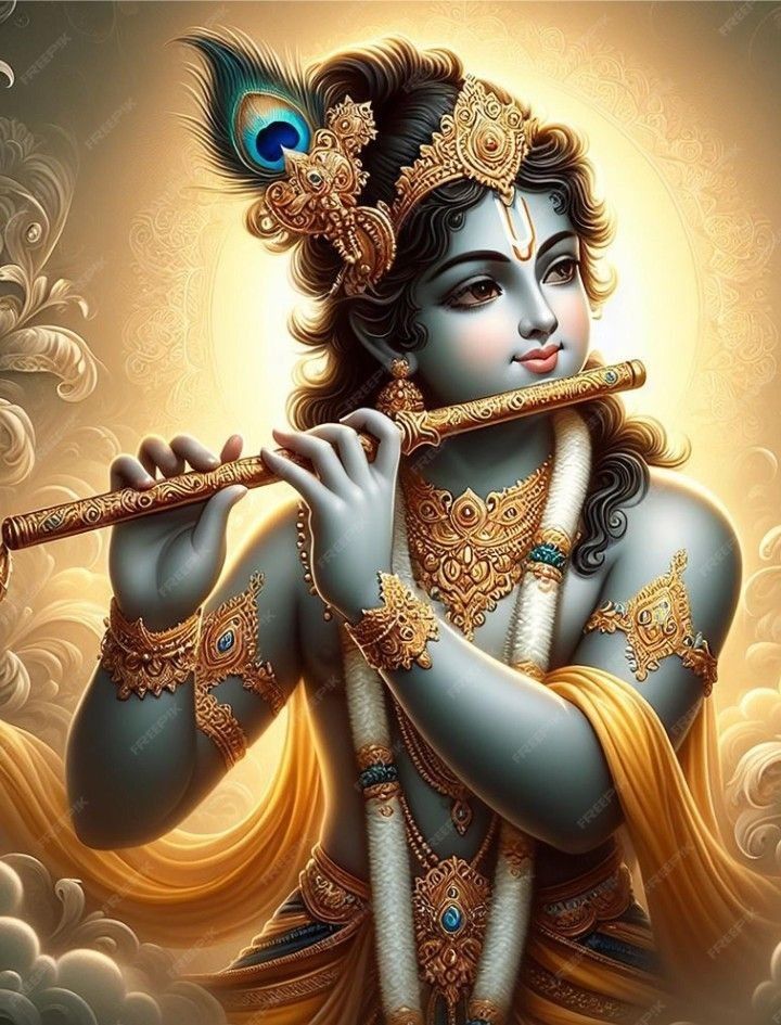 Krishna playing a flute, divine portrait.