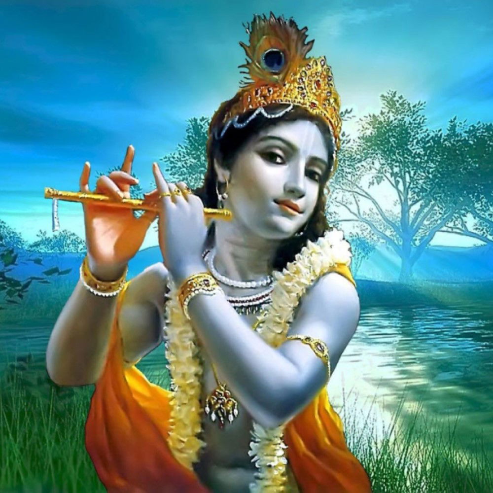 Krishna playing flute in a serene landscape