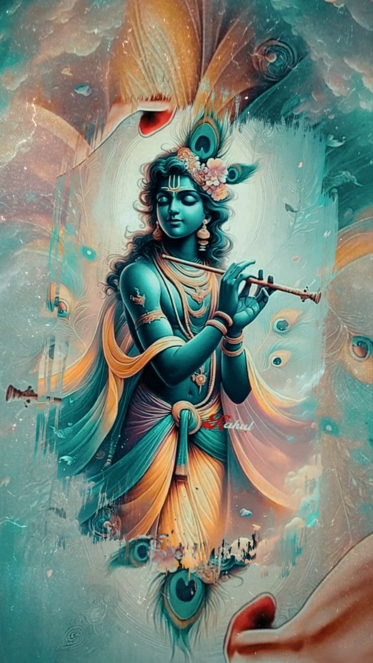Lord Krishna playing the flute in artwork