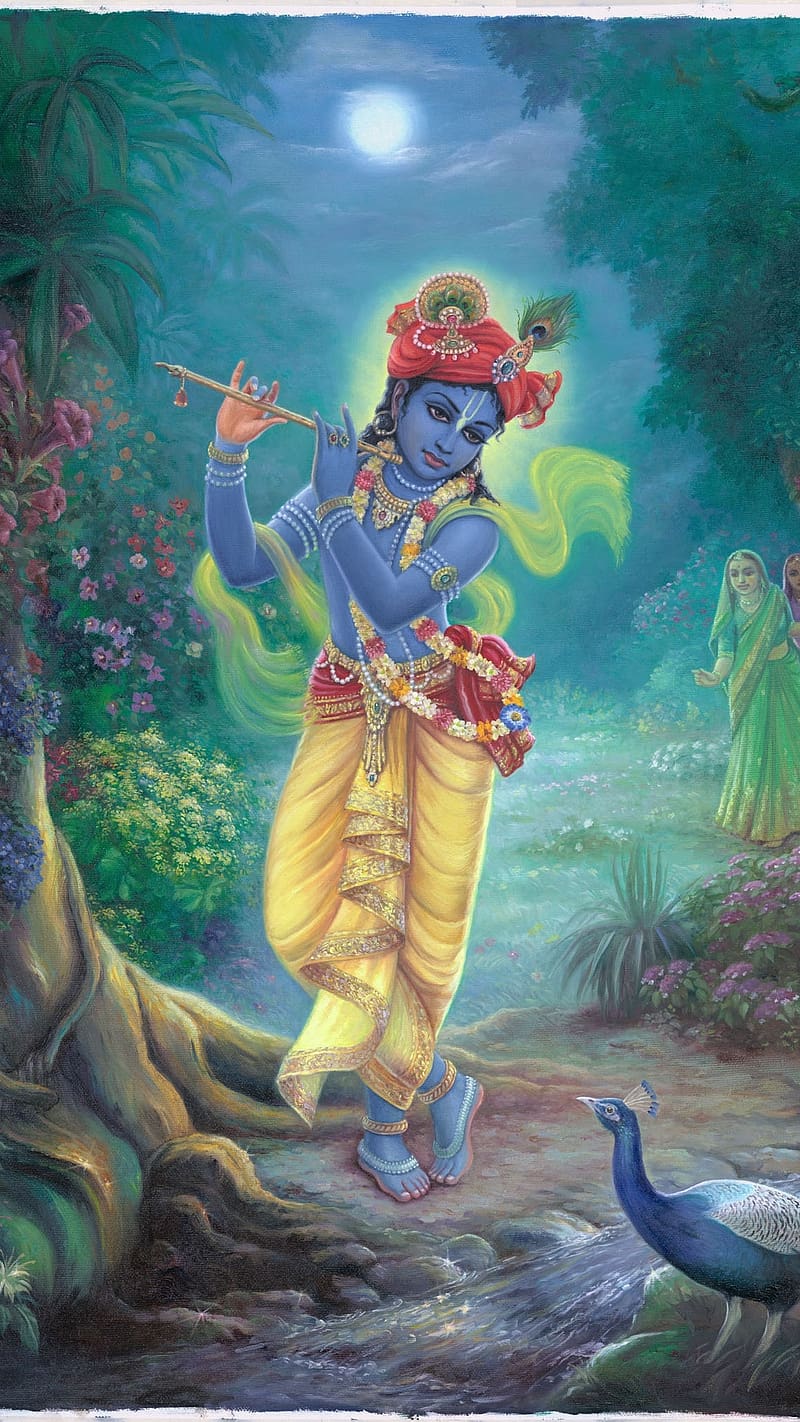 Krishna playing flute in forest setting