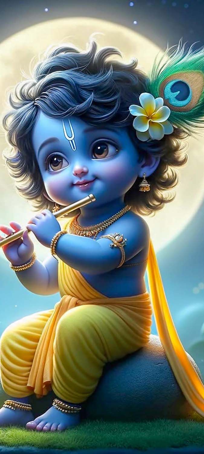 Baby Krishna playing flute, divine wallpaper