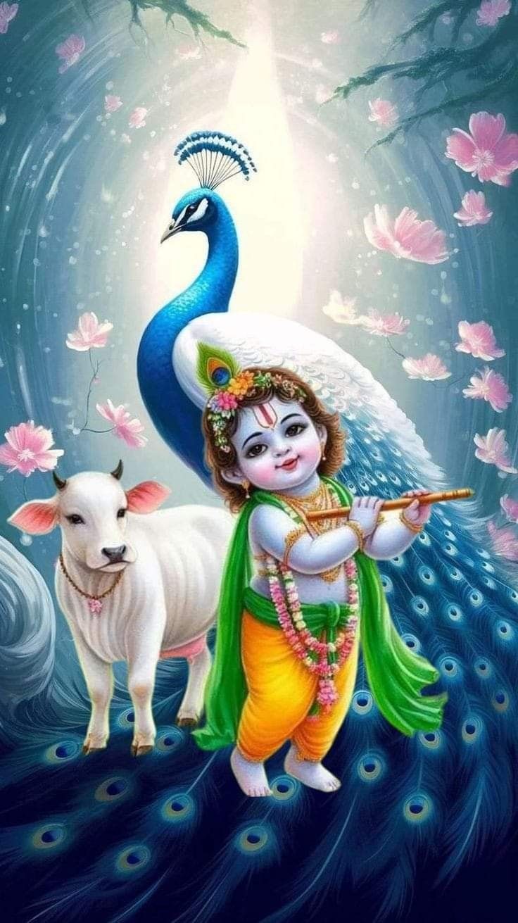Baby Krishna playing the flute with peacock