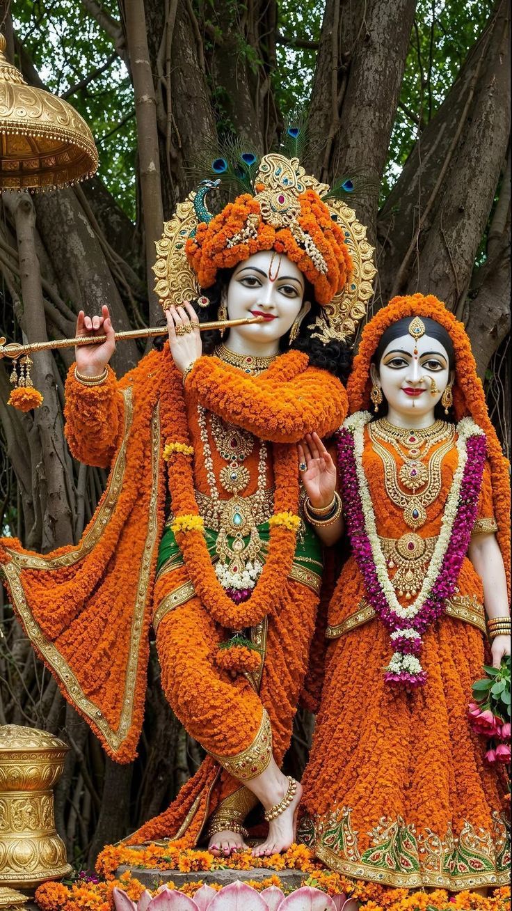 Krishna and Radha with flute devotional image