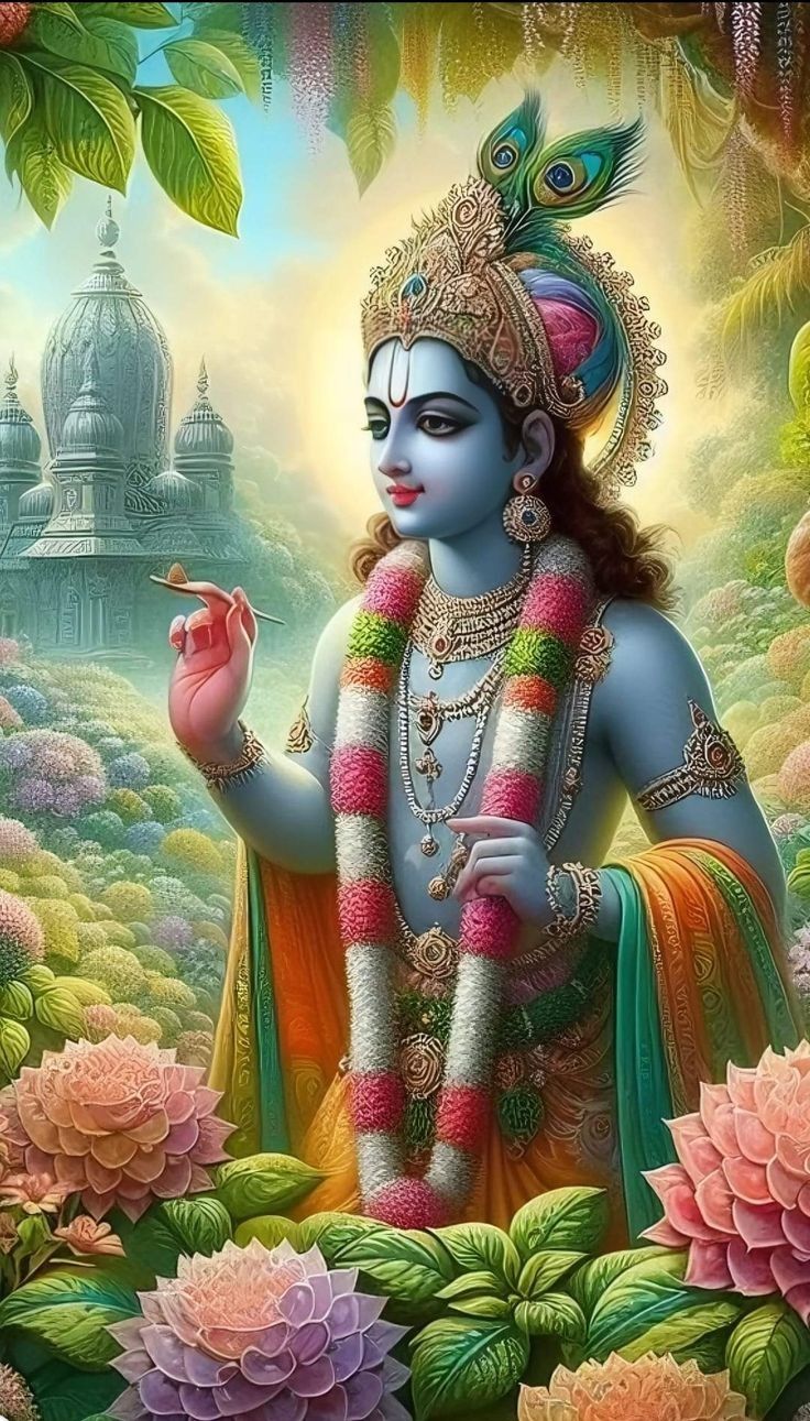 Krishna playing flute with peacock feather