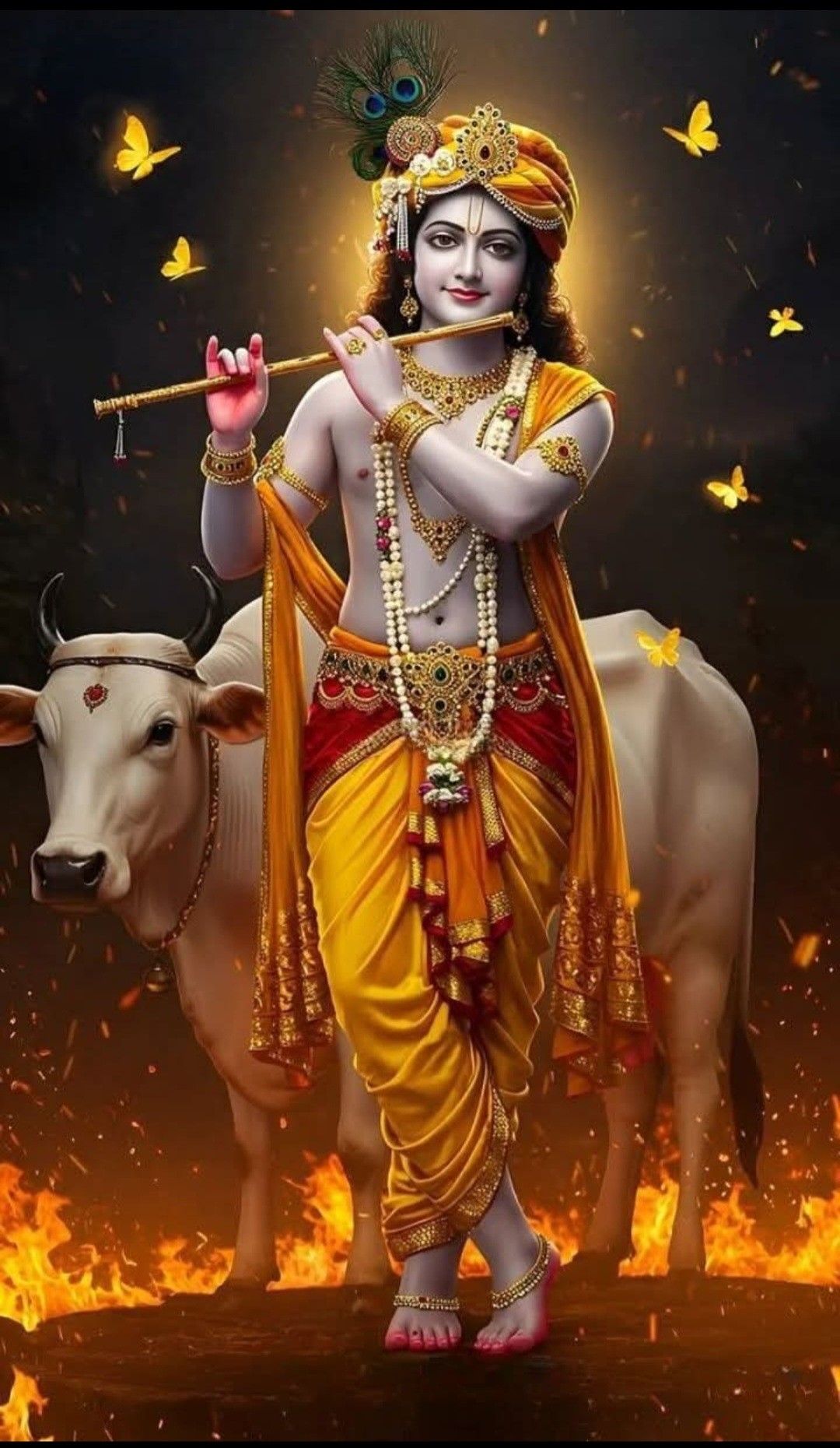 Lord Krishna playing flute with cow