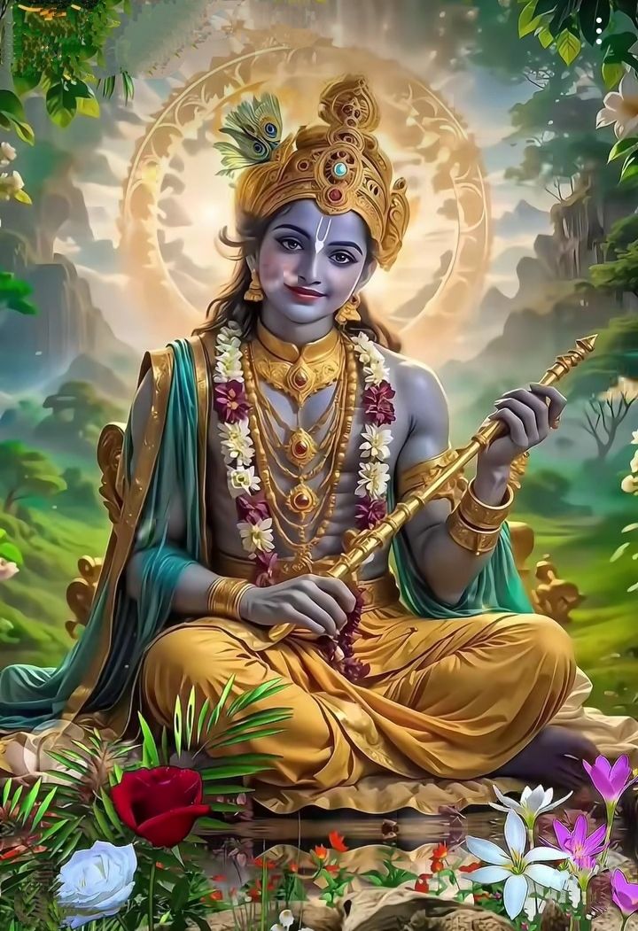 Lord Krishna playing the flute in forest