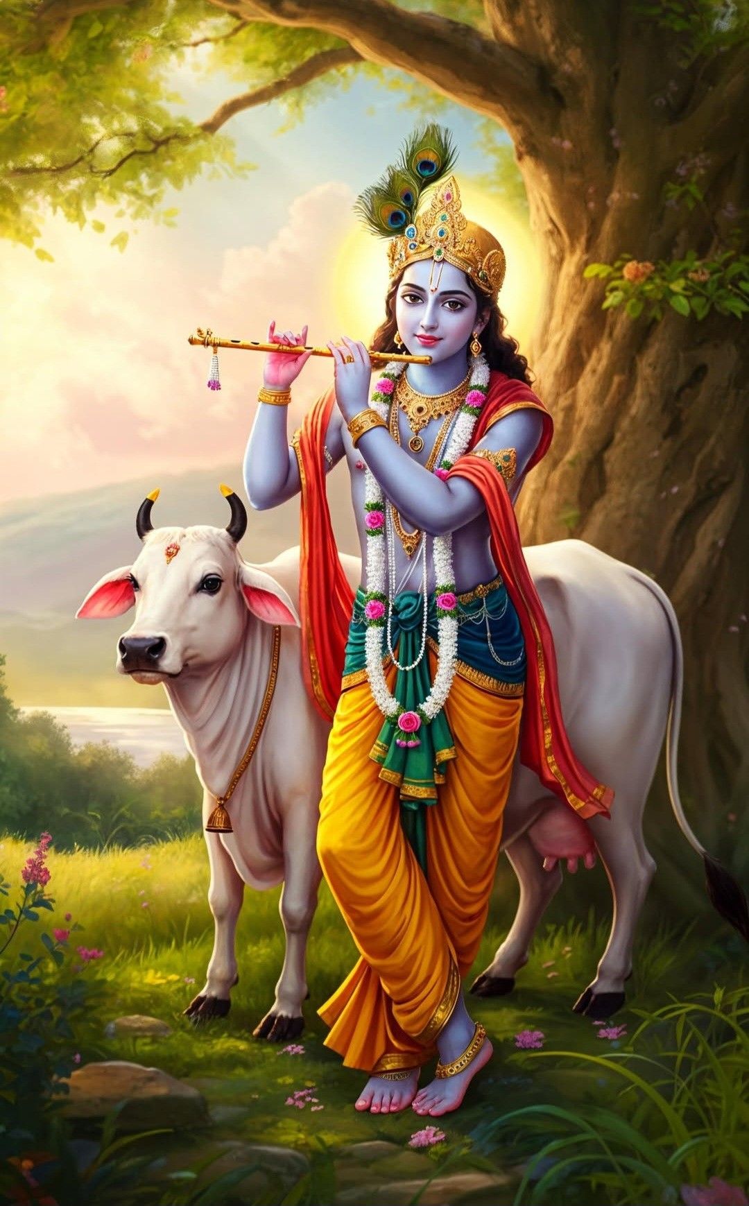 Krishna playing flute with a cow.