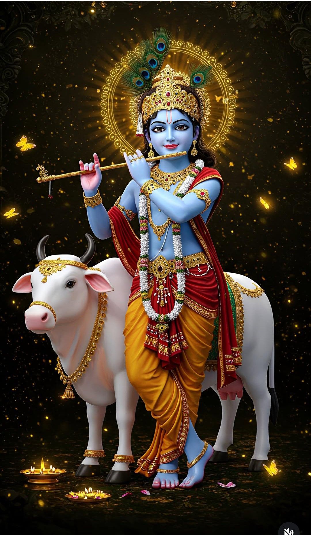 Lord Krishna playing flute with a cow