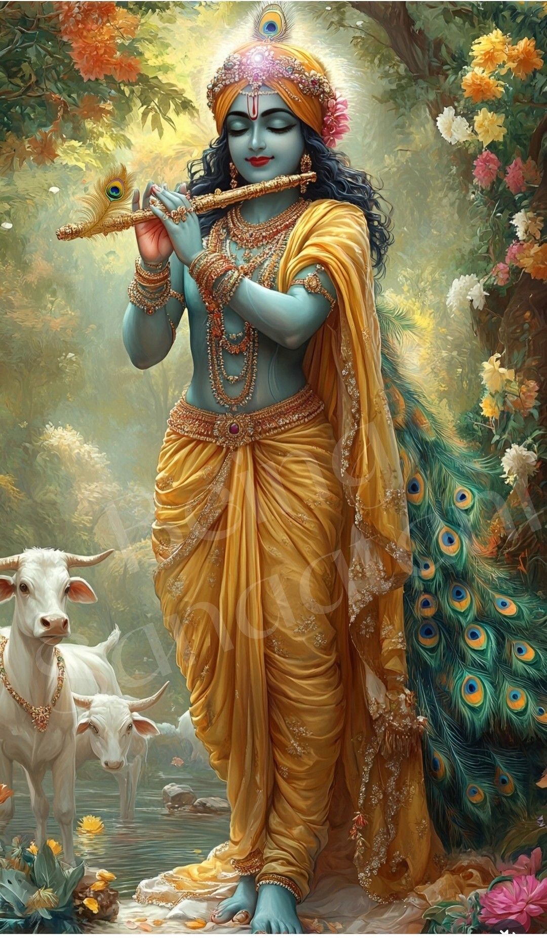 Krishna playing flute with cows and peacock