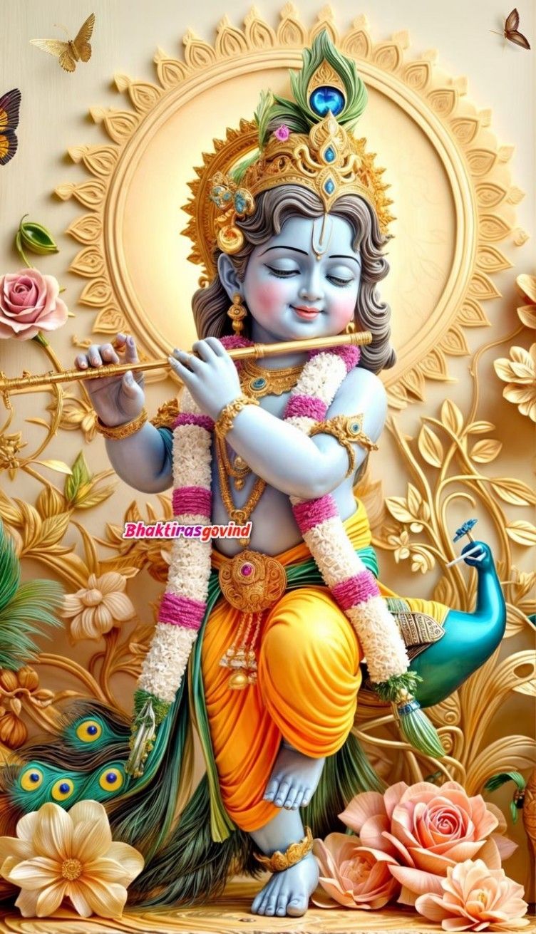 Lord Krishna playing flute with peacock feathers