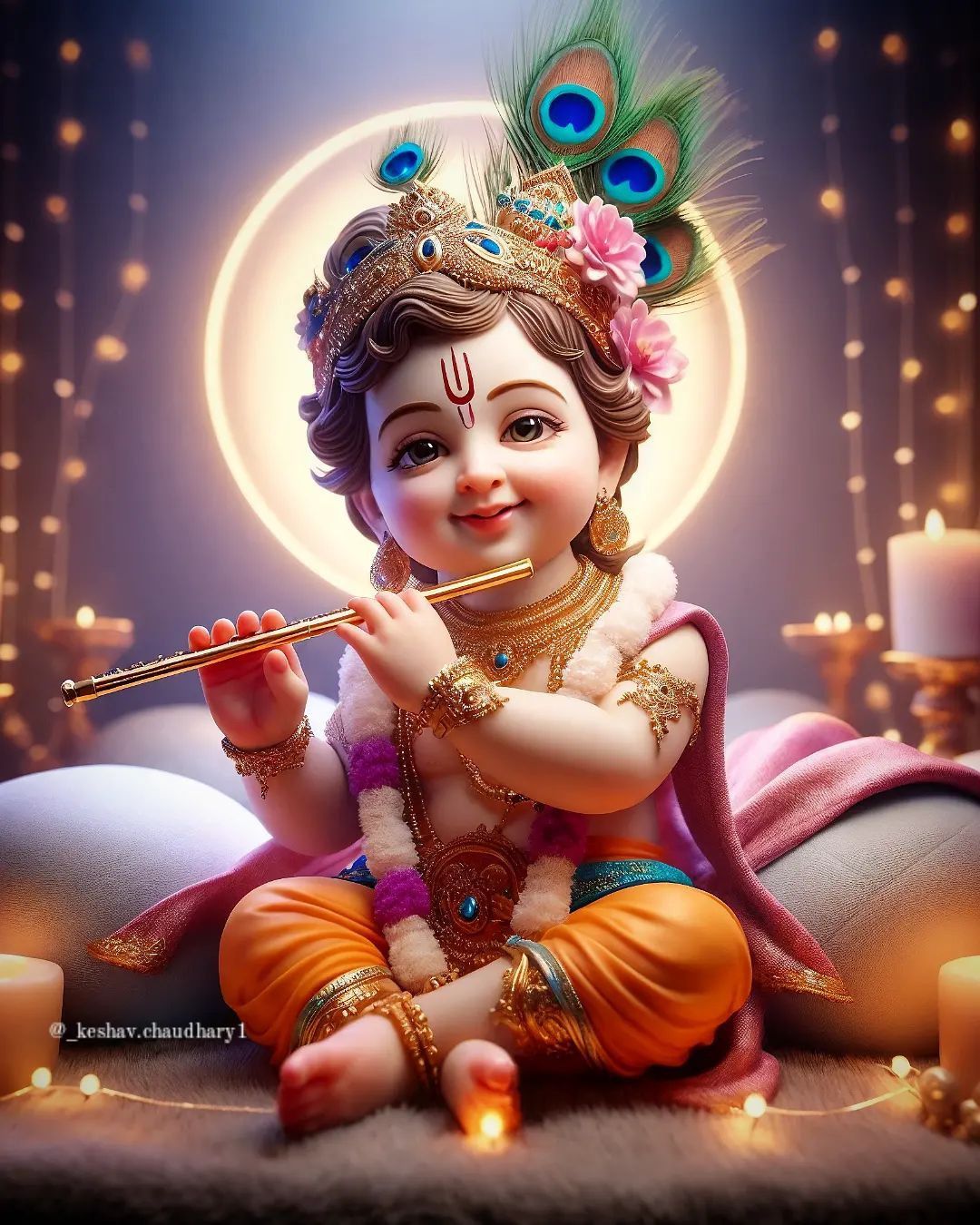 Baby Krishna playing a flute.