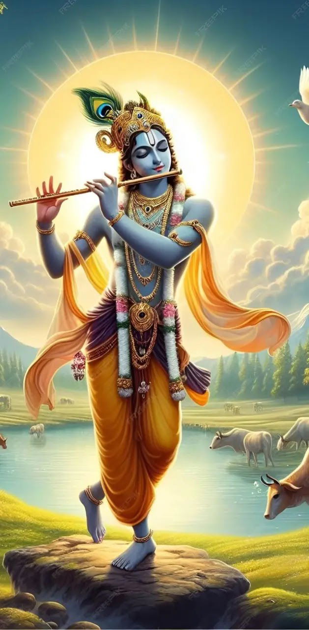 Lord Krishna playing flute in forest