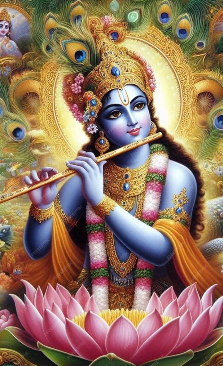 Krishna playing flute amidst lotus flowers