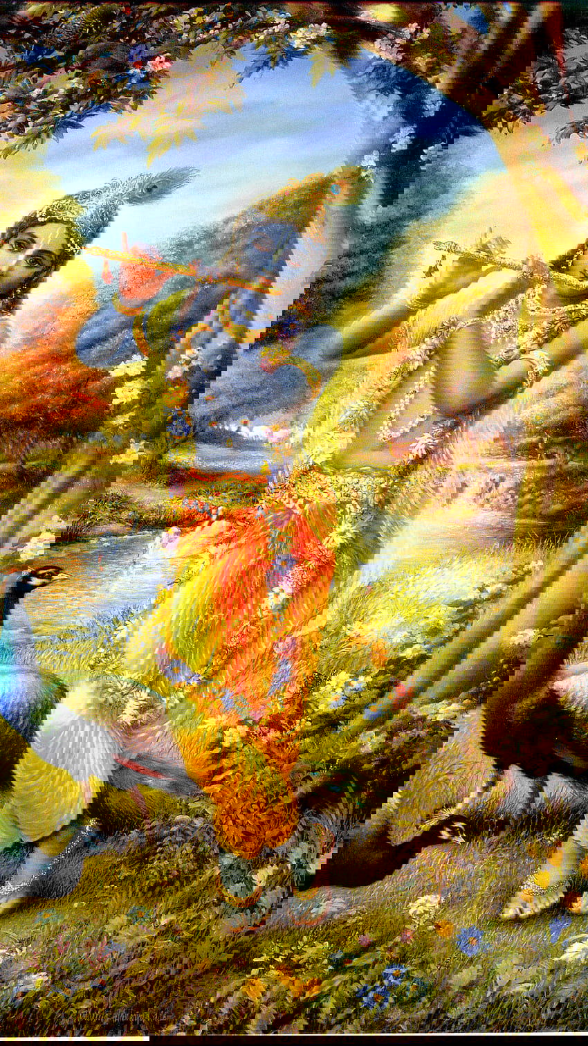 Krishna playing flute in peaceful meadow