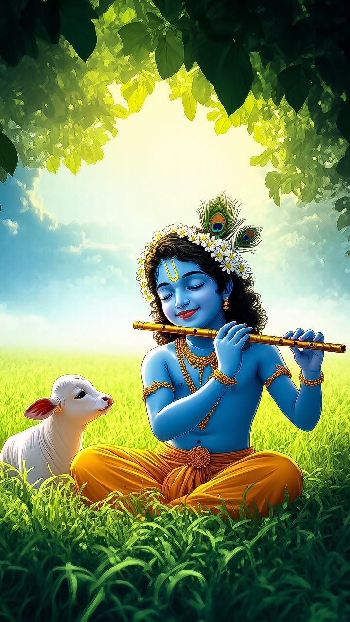 Krishna playing flute in lush meadow