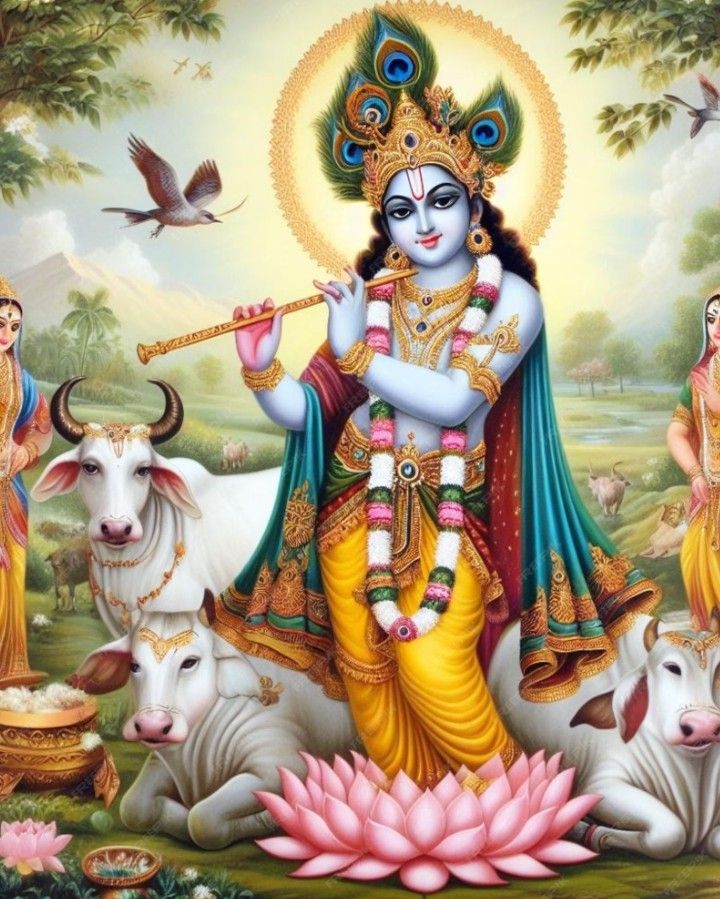 Krishna playing flute with cows