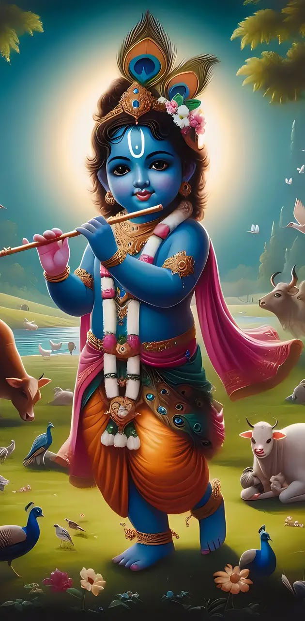 Young Krishna playing flute in meadow