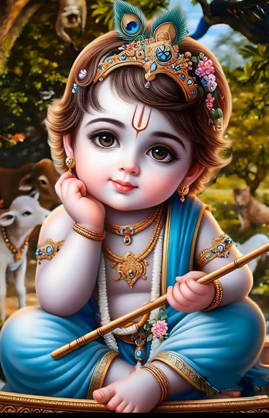 Little Krishna with flute and lotus