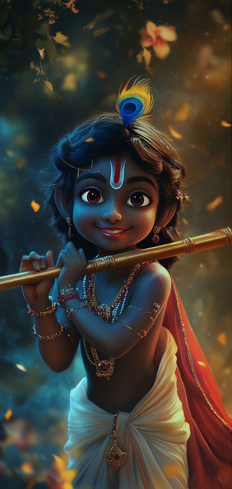 Child Krishna playing a flute with feather