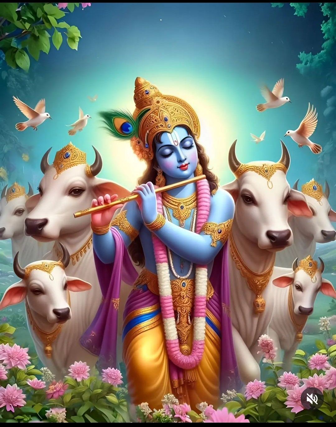 Krishna playing flute with his cows.