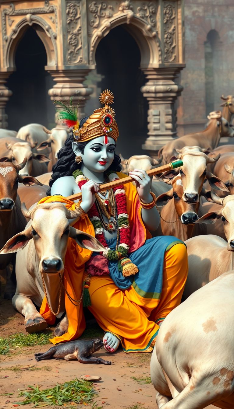 Krishna playing flute with sacred cows